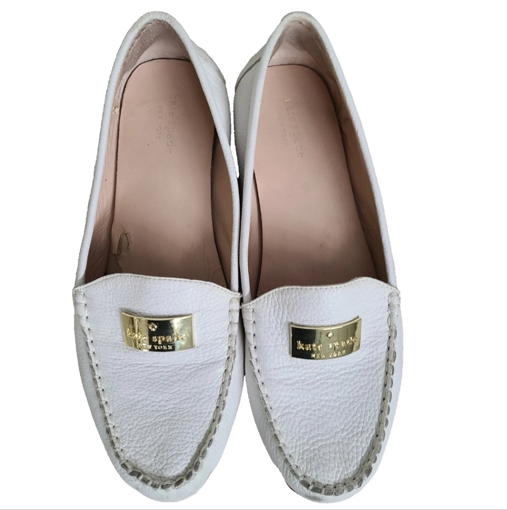 Kate Spade New York White Corrie Slip on Leather Loafers Gold Buckle Size 10